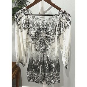 Design Works Y2K Tunic Top Women M Dark Lace Scoop Back Goth Tattoo Grunge Biker